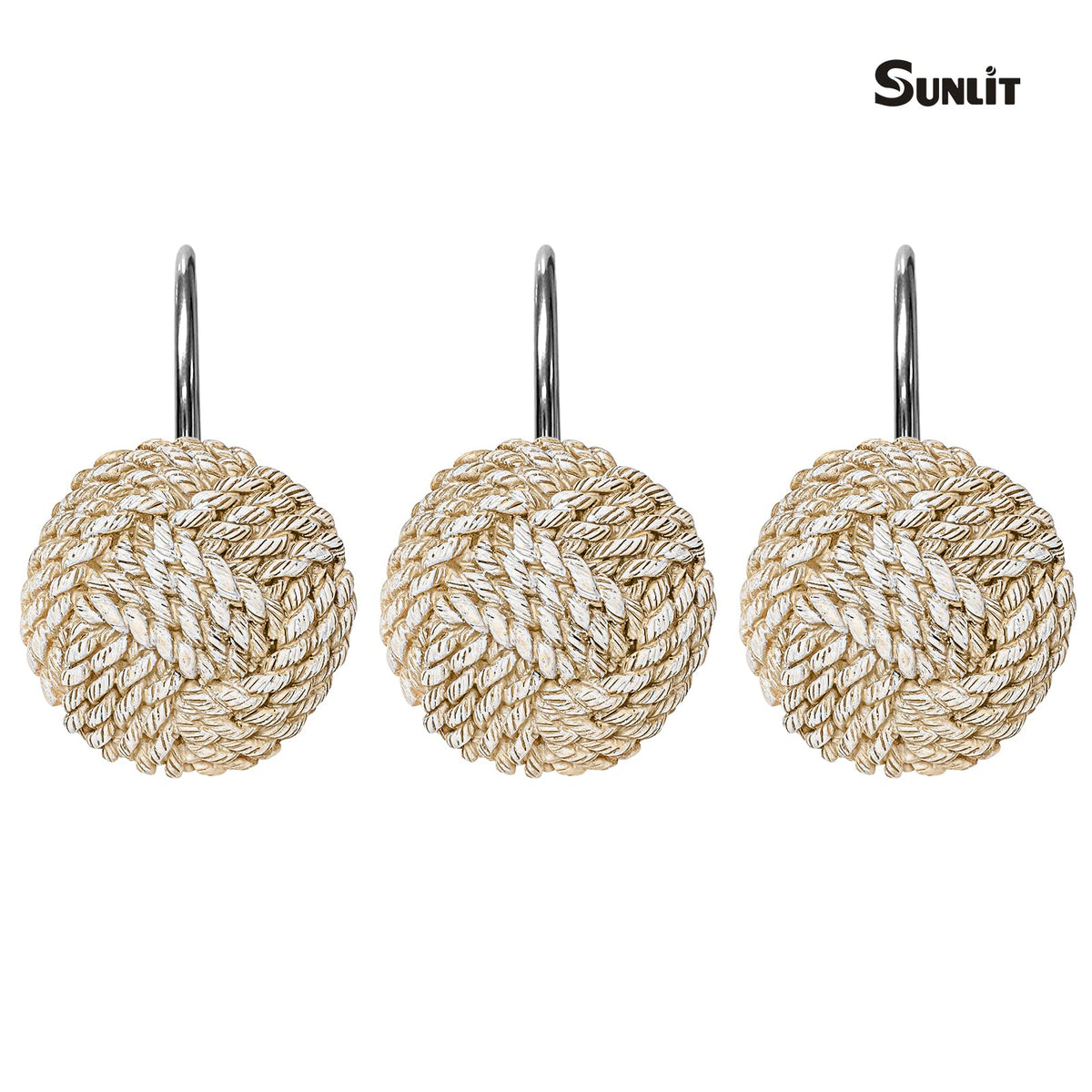 Sunlit Boho Knots Double Shower Curtain Hooks, Home Decorative White Shower Curtain Rings for Bathroom, Seaside Nautical Shower Curtain Hangers Bathroom Accessories, Set of 12