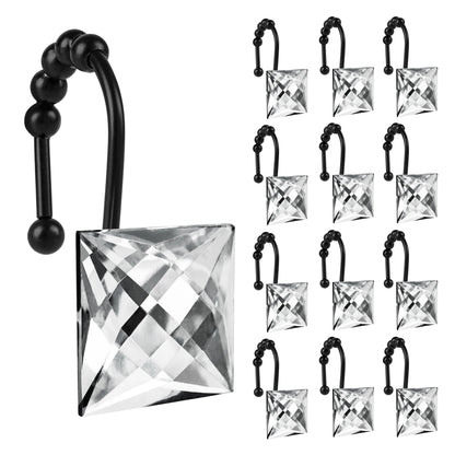 Sunlit Luxury Design Square Red Diamond Crystal Gem Bling with Glide Balls Shower Curtain Hooks, Rust Proof Metal Rhinestones Glam Shower Curtain Rings-12 Pack