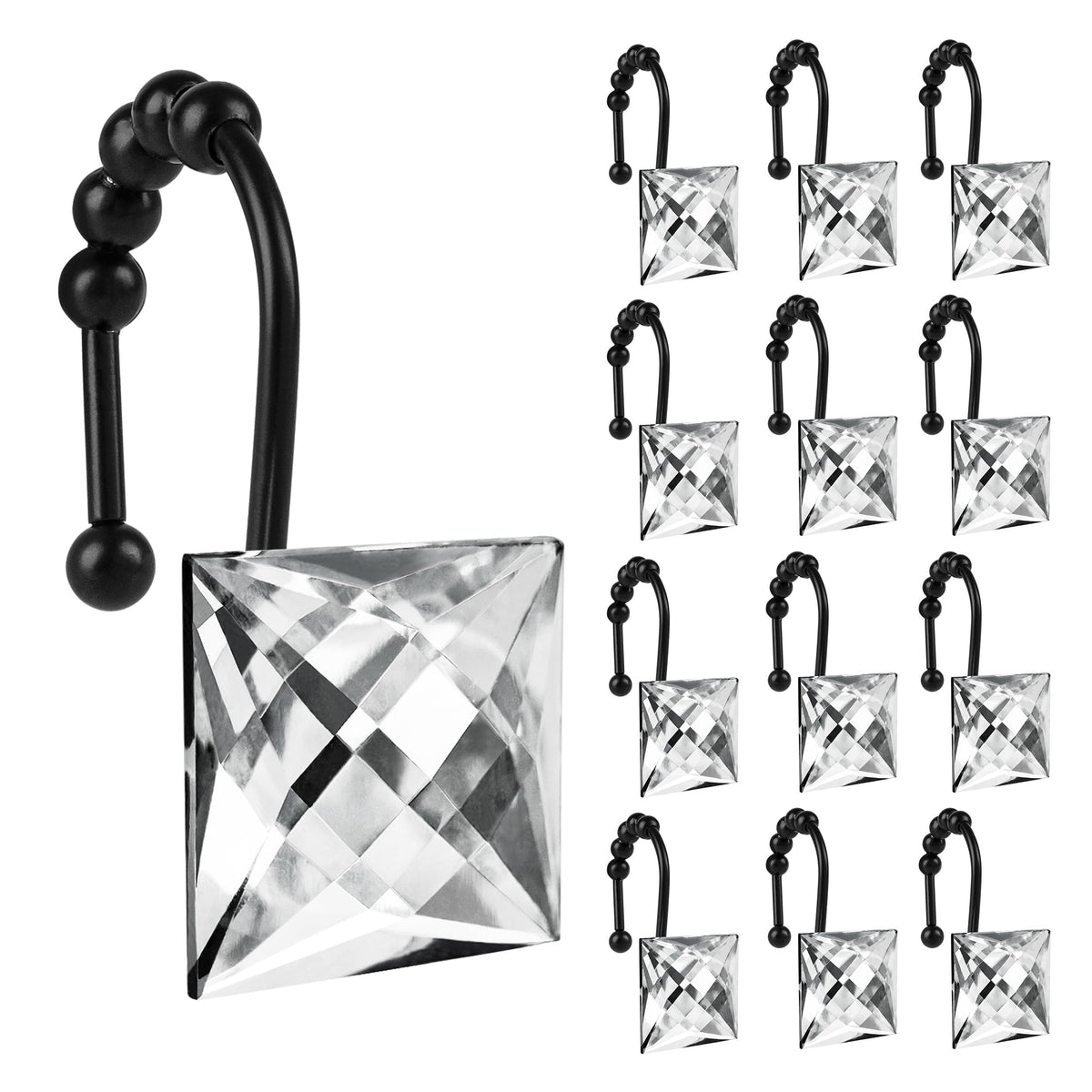 Sunlit Square Rhinestone Shower Curtain Hooks with Glide Balls, 12 Pack