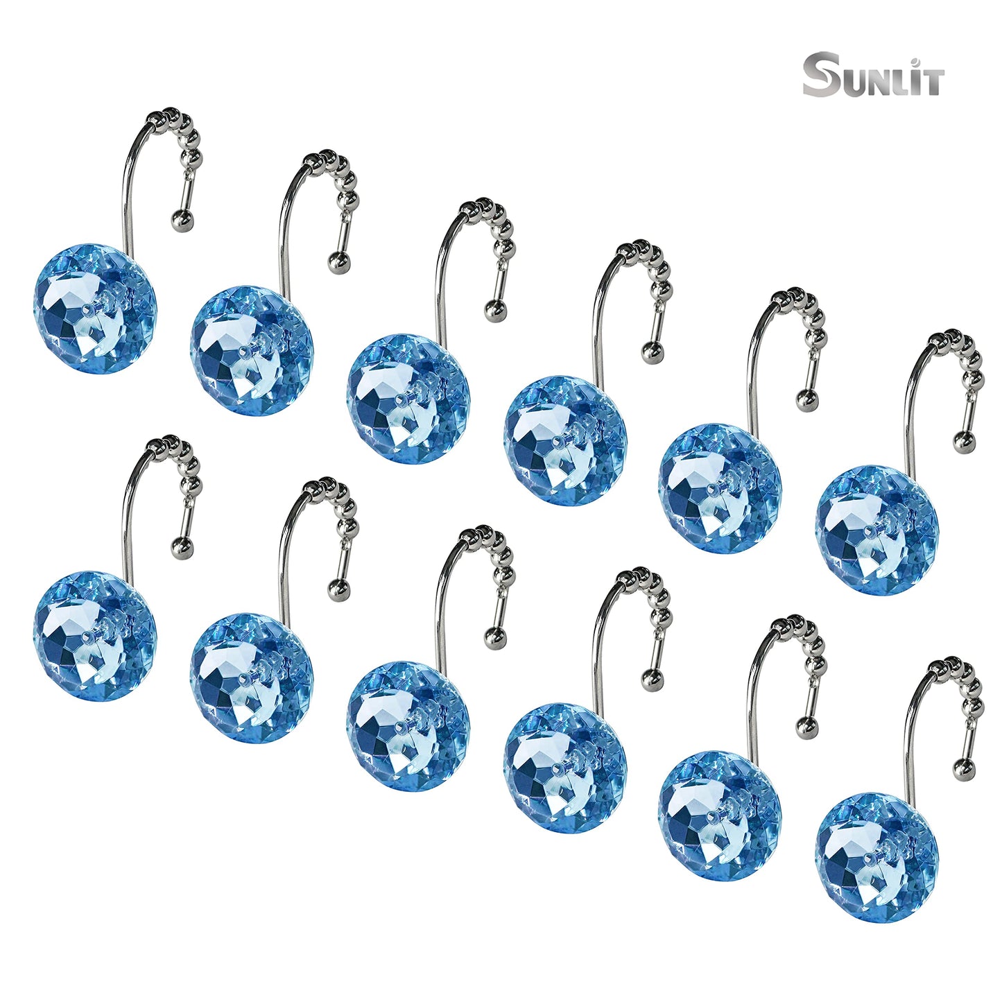 Sunlit Luxury Design Round Clear Diamond Crystal Gem Bling with Glide Balls Double Shower Curtain Hooks, Rust Proof Metal Rhinestones Glam Shower Curtain Rings-12 Pack