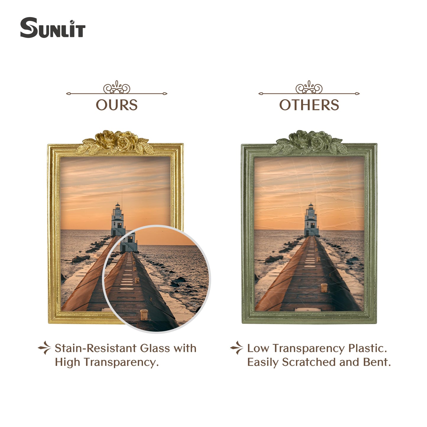 Sunlit Vintage Picture Frame 5x7 Inch, Luxury Antique Photo Frames with Glass Front, Luxury Photo Display, Tabletop Wall Hanging, Gift Ideas, Golden Rose