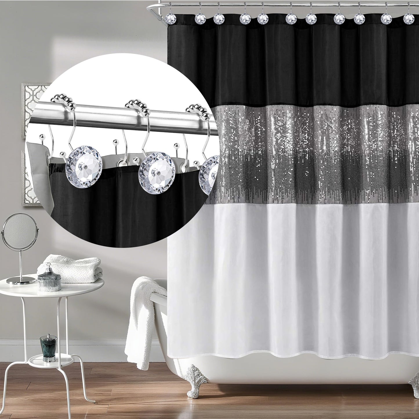 Sunlit Luxury Design Round Clear Diamond Crystal Gem Bling with Glide Balls Double Shower Curtain Hooks, Rust Proof Metal Rhinestones Glam Shower Curtain Rings-12 Pack