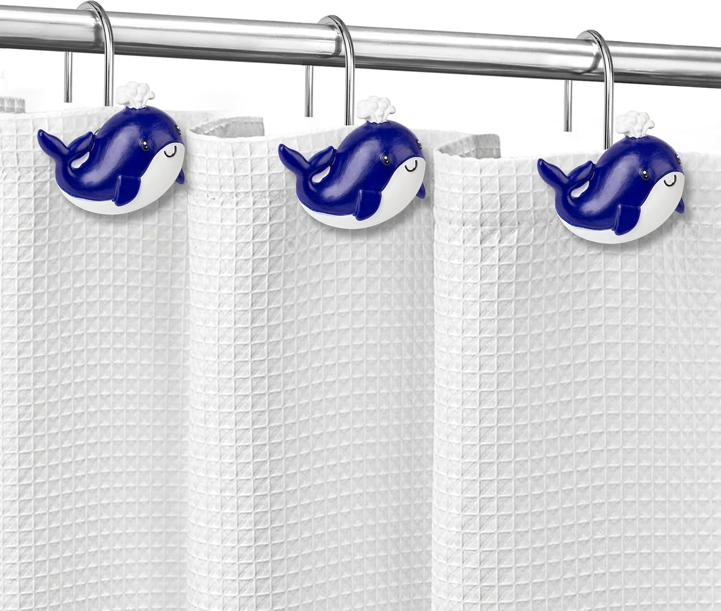 Sunlit Whales Shower Curtain Hooks, Nautical Home Decorative Shower Curtain Rings, Hand-Painted Resin, Cute Ocean Shower Curtain Hanger Hooks for Kids Bathroom, Set of 12