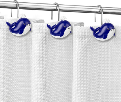 Sunlit Whales Shower Curtain Hooks, Nautical Home Decorative Shower Curtain Rings, Hand-Painted Resin, Cute Ocean Shower Curtain Hanger Hooks for Kids Bathroom, Set of 12