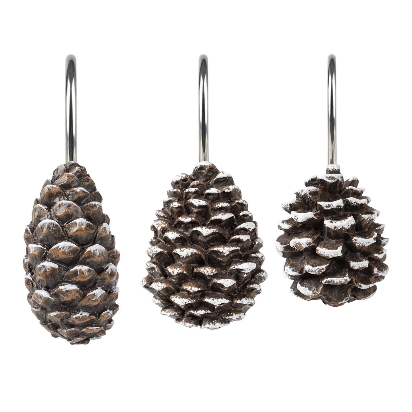 Sunlit Pinecone Decorative Shower Curtain Hooks, Brown Pine Cone Shower Curtain Rings, Resin, Winter Christmas Theme Bathroom Decoration, Set of 12