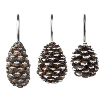 Sunlit Pinecone Decorative Shower Curtain Hooks, Brown Pine Cone Shower Curtain Rings, Resin, Winter Christmas Theme Bathroom Decoration, Set of 12