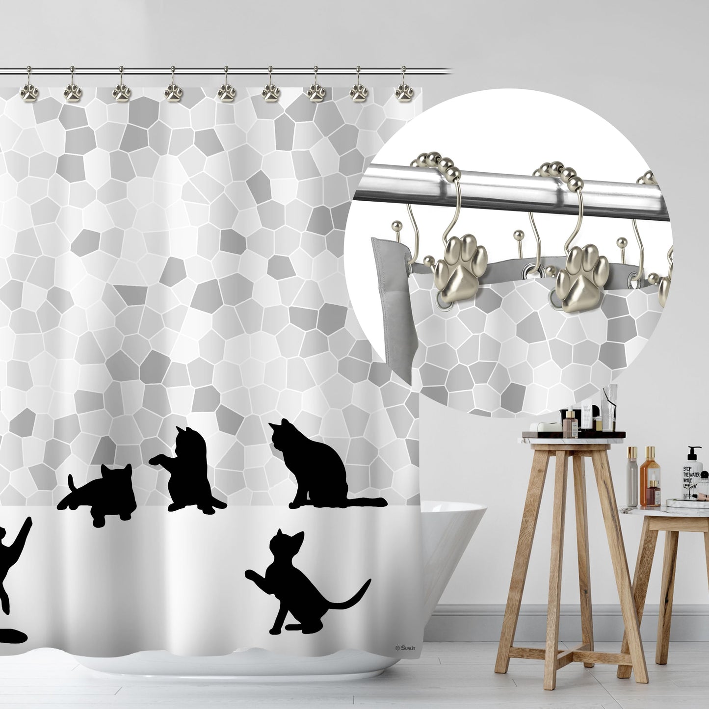 Sunlit Fashion Design Cute Paw Print Polished Shower Curtain Hooks for Dog Cat and Bear, Rust Proof Oil Rubbed Metal Shower Curtain Rings-12 Pack