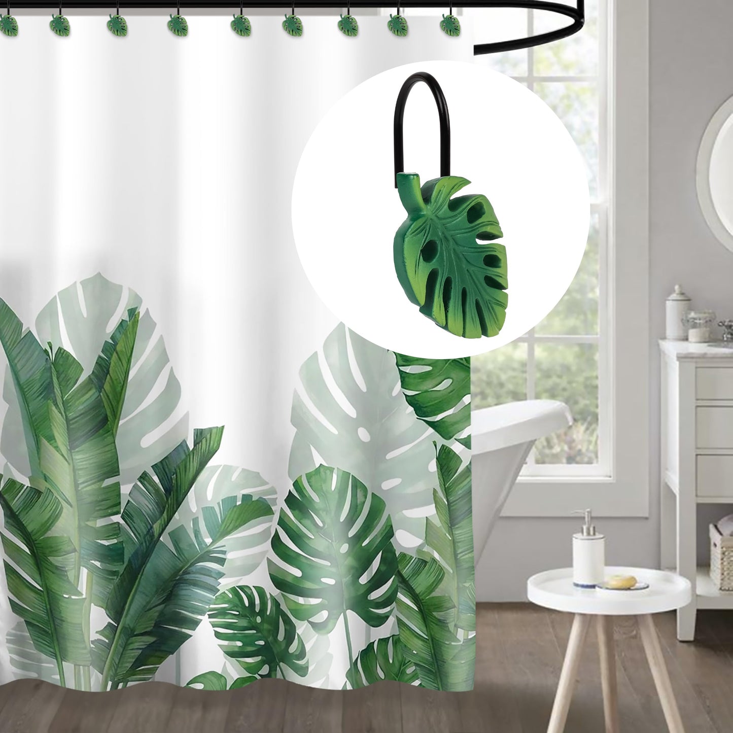 Tropical Leaf Decorative Shower Curtain Hooks, Green Botanical Shower Curtain Rings with Black Hooks, Resin, Monstera Deliciosa Leaves Shower Curtain Hangers for Bathroom, Set of 12