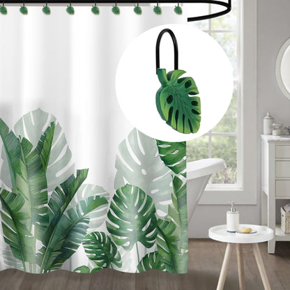 Tropical Leaf Decorative Shower Curtain Hooks Green Botanical Shower Curtain Rings, Resin, Monstera Deliciosa Leaves Shower Curtain Hangers for Bathroom, Set of 12