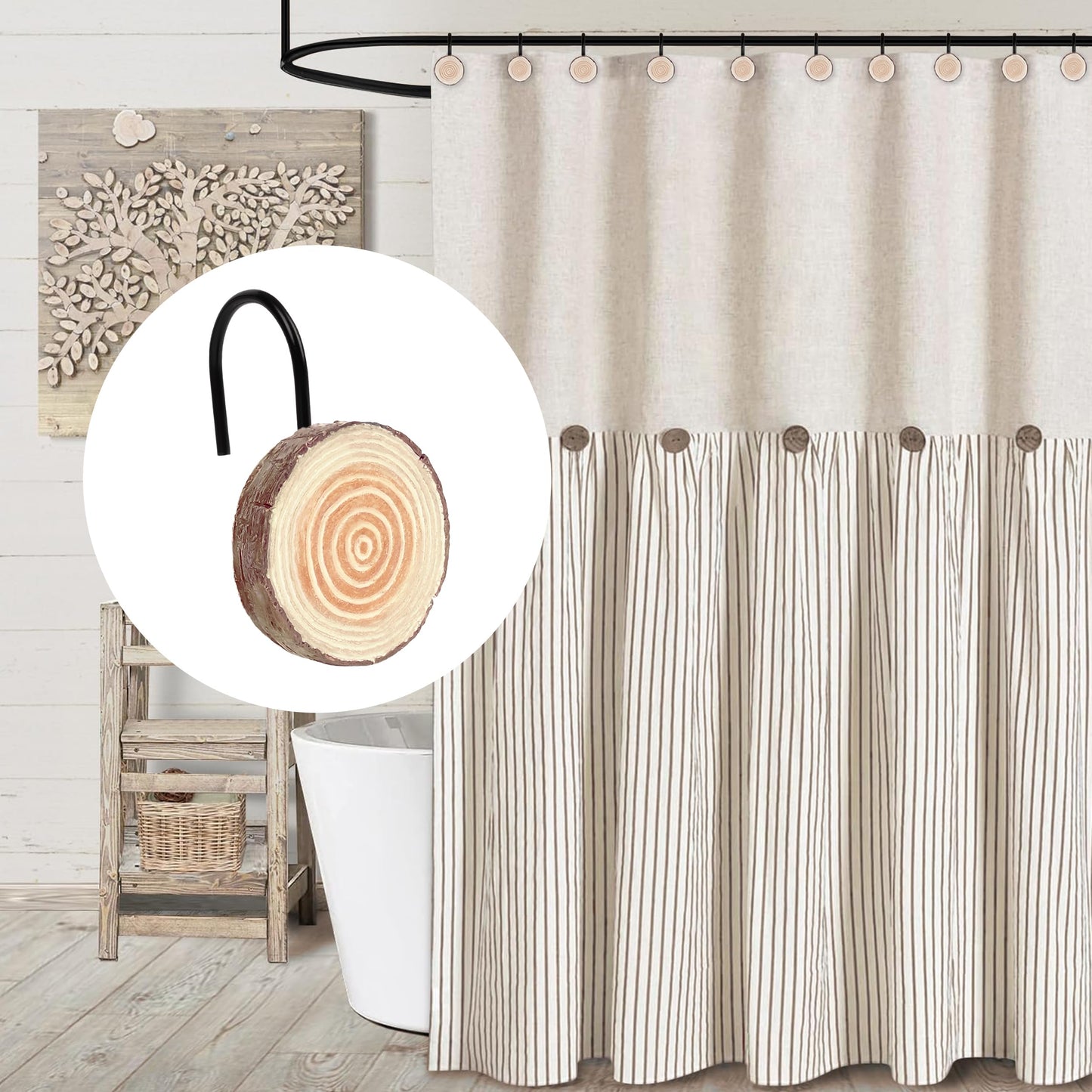 Sunlit Farmhouse Wooden Slices Shower Curtain Hooks, Rustic Home Decorative Shower Curtain Rings with Black Hooks for Bathroom, Resin Shower Curtain Hangers Bathroom Accessories, Set of 12