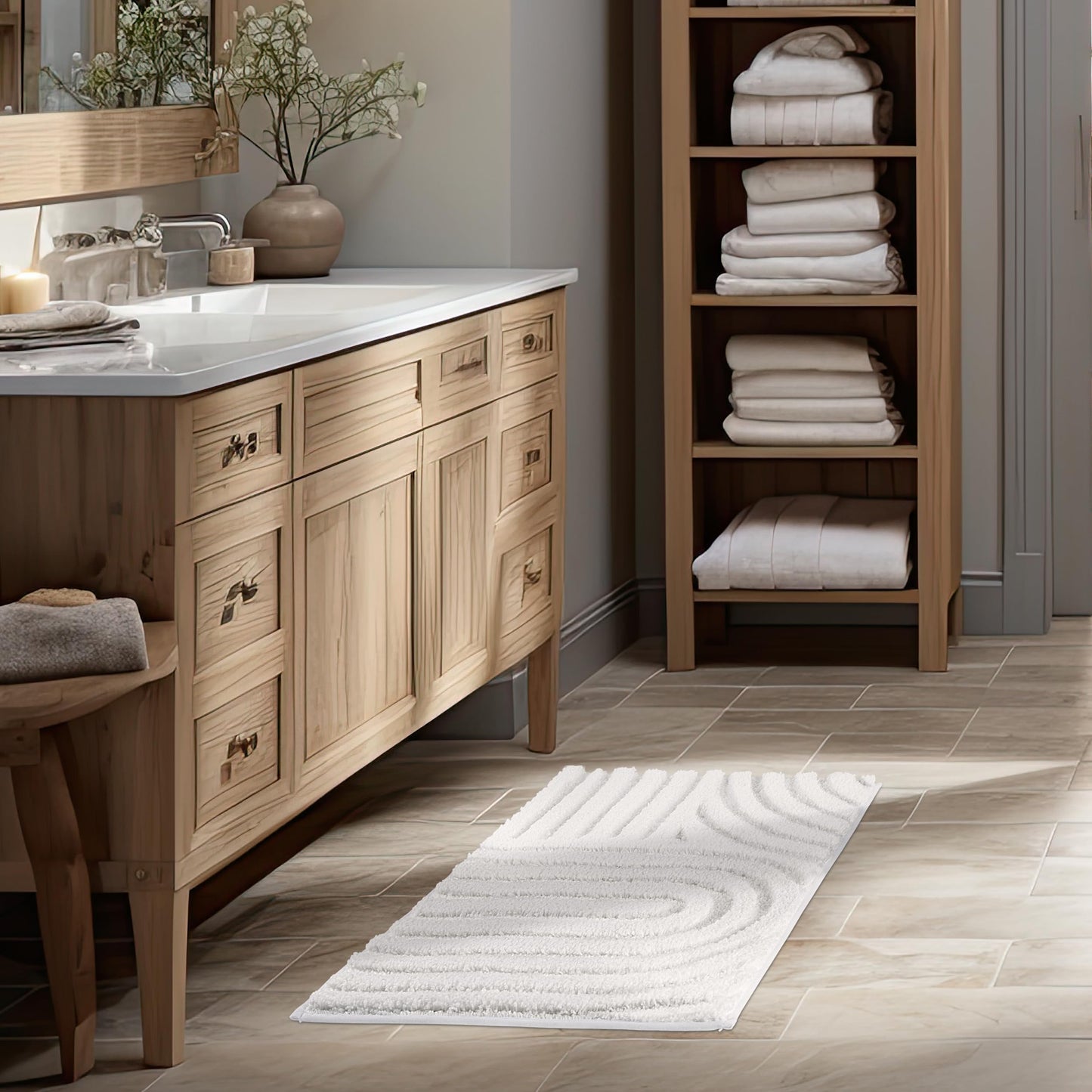 Sunlit 24"x60" Boho Decorative Textured Bathroom Rugs Runner, Mid Century Modern Extra Long Non-Slip Absorbent Soft Bath Mat, Organic Modern Floor Mat Bath Runner Dry Fast Machine Washable, Gray