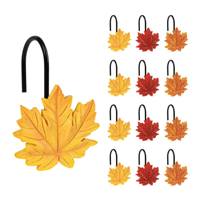 Sunlit Maple Leaf Shower Curtain Hooks for Fall Autumn, Home Decorative Shower Curtain Rings for Bathroom, Resin, Orange Red Maple Leaves Shower Curtain Hangers Hooks Bath Accessories, Set of 12