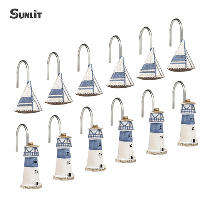 Sunlit Nautical Shower Curtain Hooks, Home Decorative Coastal Shower Curtain Rings for Bathroom, Resin, Ocean Shower Curtain Hanger Hooks for Living Room, Set of 12, Blue Lighthouse Sailboat