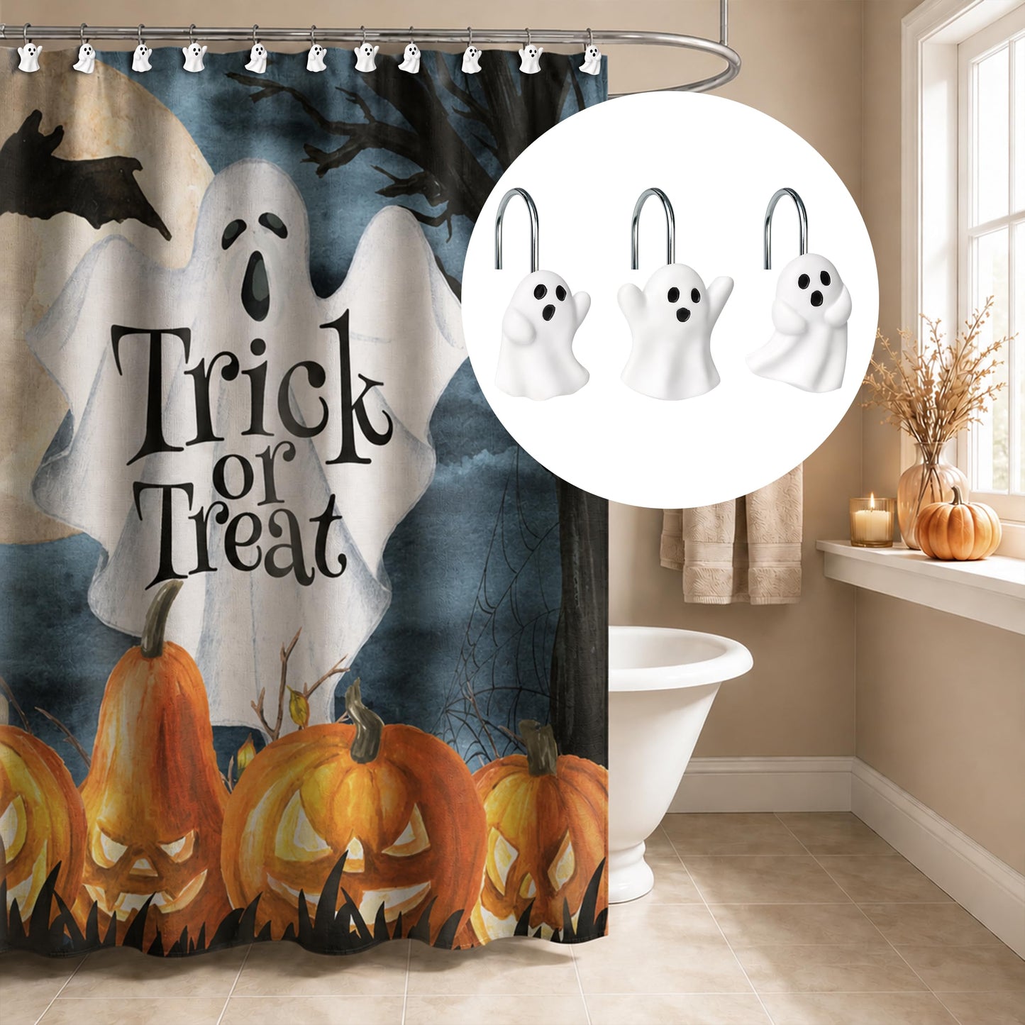 Sunlit Ghost Shower Curtain Hooks, Home Decorative Shower Curtain Rings for Bathroom, Halloween Shower Curtain Hangers Bathroom Accessories, Set of 12