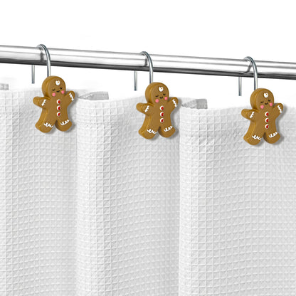 Sunlit Christmas Tree Snowman Decorative Shower Curtain Hooks, Green White Shower Curtain Rings, Resin, Xmas Theme Winter Holiday Bathroom Decoration, Set of 12