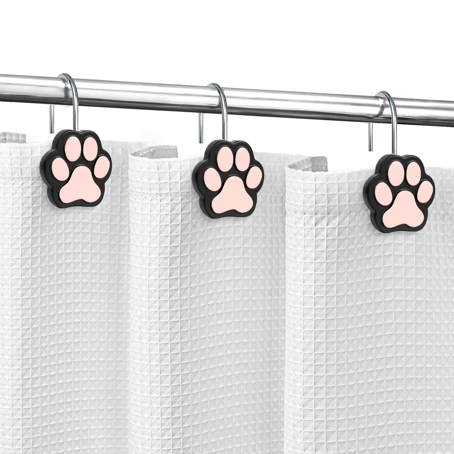 Sunlit Cute Paw Print Decorative Shower Curtain Hooks for Dog Cat Bear, Resin, Lovely Shower Curtain Rings for Kids, Bathroom Decoration Curtain, 12 Pack, Black and White