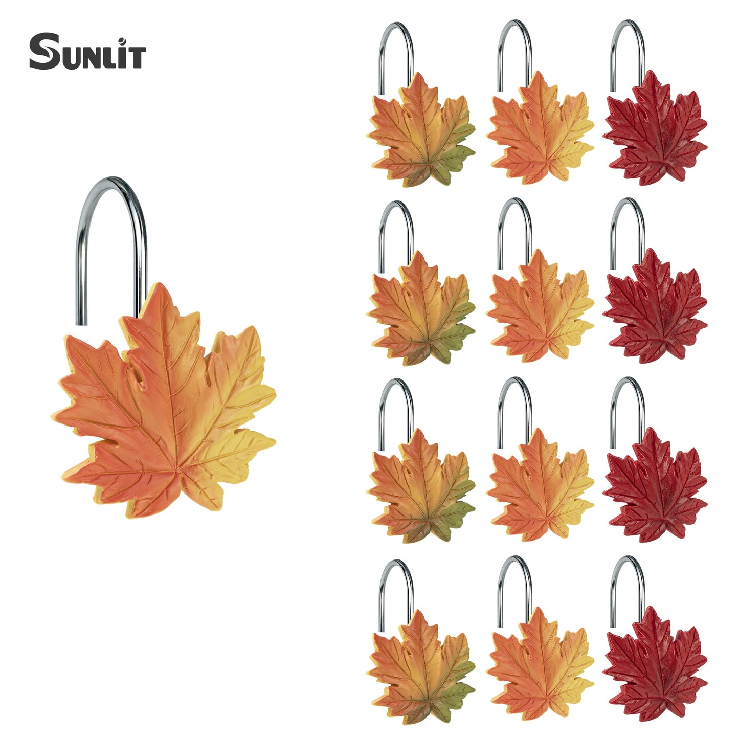 Sunlit Maple Leaf Shower Curtain Hooks for Fall Autumn, Home Decorative Shower Curtain Rings for Bathroom, Resin, Orange Red Maple Leaves Shower Curtain Hangers Hooks Bath Accessories, Set of 12
