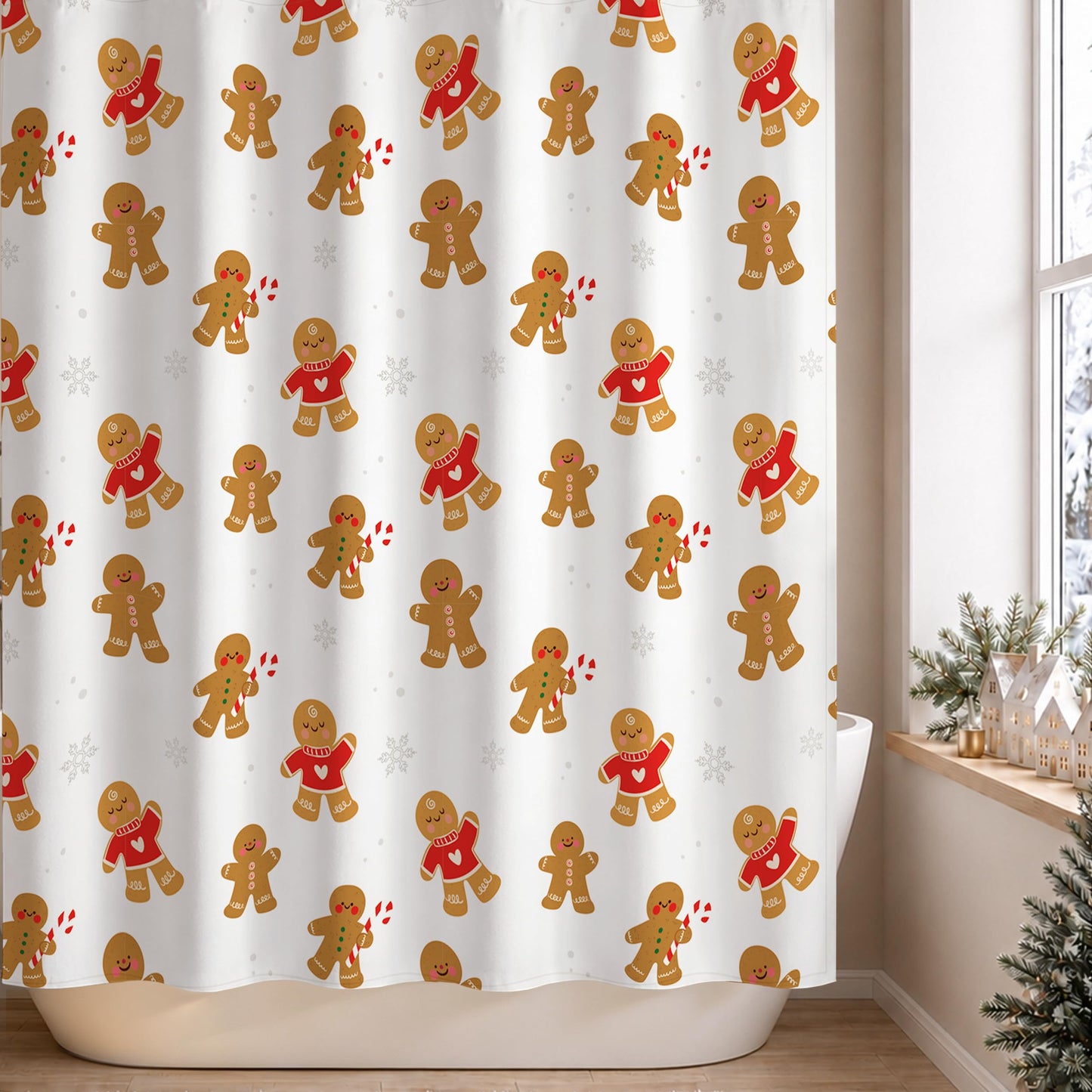 Sunlit Christmas Shower Curtain, Pink Holiday Gingerbread Men with Candy Canes and Snowflakes Cute Xmas Cookie Pattern, Festive Bathroom Fabric Shower Curtain, Home Decor Tapestry, 72" x 72"