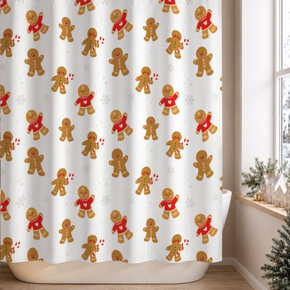 Sunlit Christmas Shower Curtain, Pink Holiday Gingerbread Men with Candy Canes and Snowflakes Cute Xmas Cookie Pattern, Festive Bathroom Fabric Shower Curtain, Home Decor Tapestry, 72" x 72"