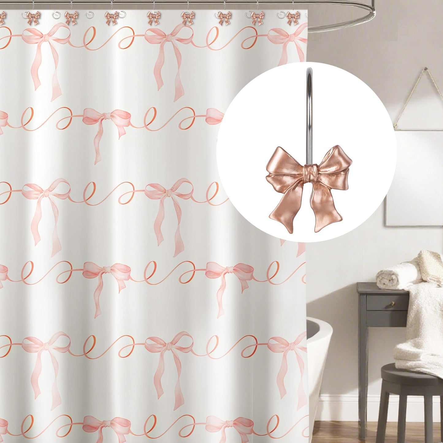 Sunlit Cute Bow Knot Shower Curtain Hooks, Home Decorative Shower Curtain Rings for Bathroom, Resin Shower Curtain Hangers Bathroom Accessories, Set of 12, Pink