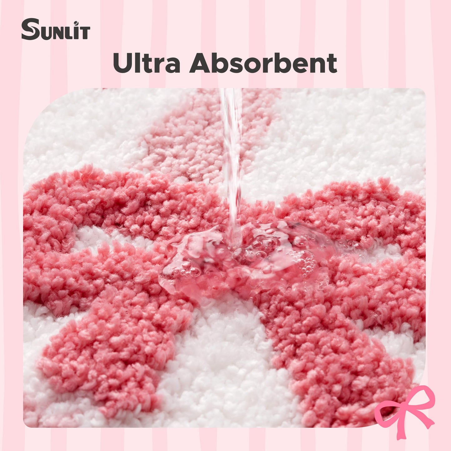 Sunlit Cute Bow Bathroom Rugs 32x20, Coquette Pink Bow Rug for Bedroom, Extra Soft Super Absorbent Bath Mat Quick Dry, Shaggy Bath Rug Non-Slip Washable Bathroom Floor Mat, Pink Stripe