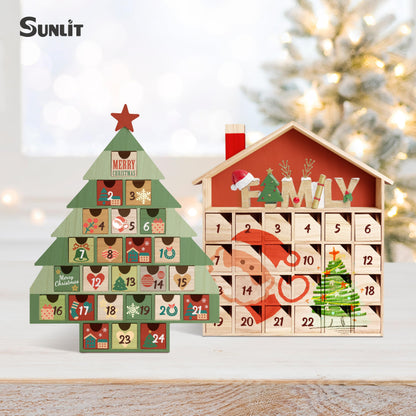 Sunlit Christmas Wooden Advent Calendar with Drawers, Unfinished Wooden, House Shaped Countdown Calendar Ready to Decorate and Personalize | Craft Storage Box | DIY Guru and Crafters