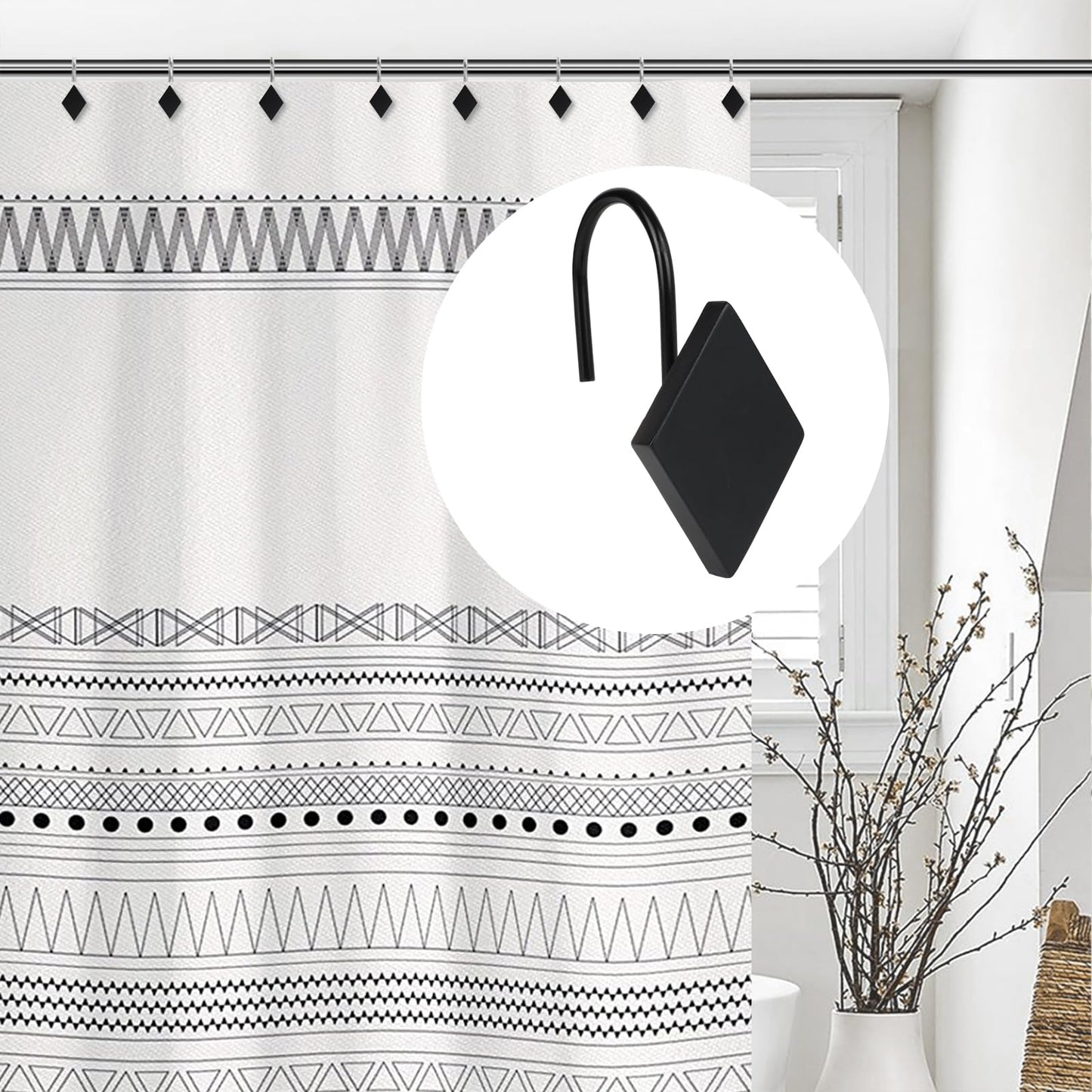 Sunlit Geometric Decorative Shower Curtain Hooks, Matt Triangle Geometric Black Shower Curtain Rings, Resin, Bathroom Decoration Boho Shower Curtain Hooks-12 Pack