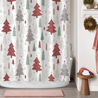Sunlit Christmas Shower Curtain, Red and Gray Xmas Trees with Stars and Snow Pattern Shower Curtain for Bathroom Decor, 71x71 Inch