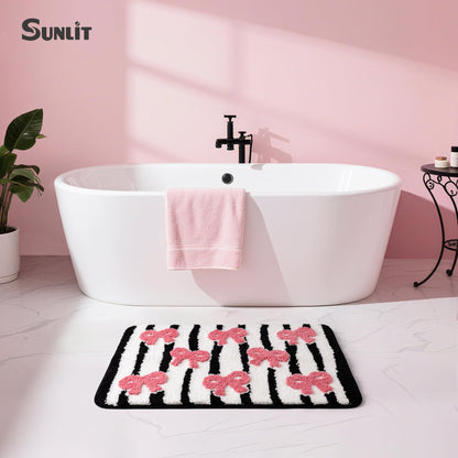 Sunlit Cute Bow Bathroom Rugs 32x20, Coquette Pink Bow Rug for Bedroom, Extra Soft Super Absorbent Bath Mat Quick Dry, Shaggy Bath Rug Non-Slip Washable Bathroom Floor Mat, Pink Stripe