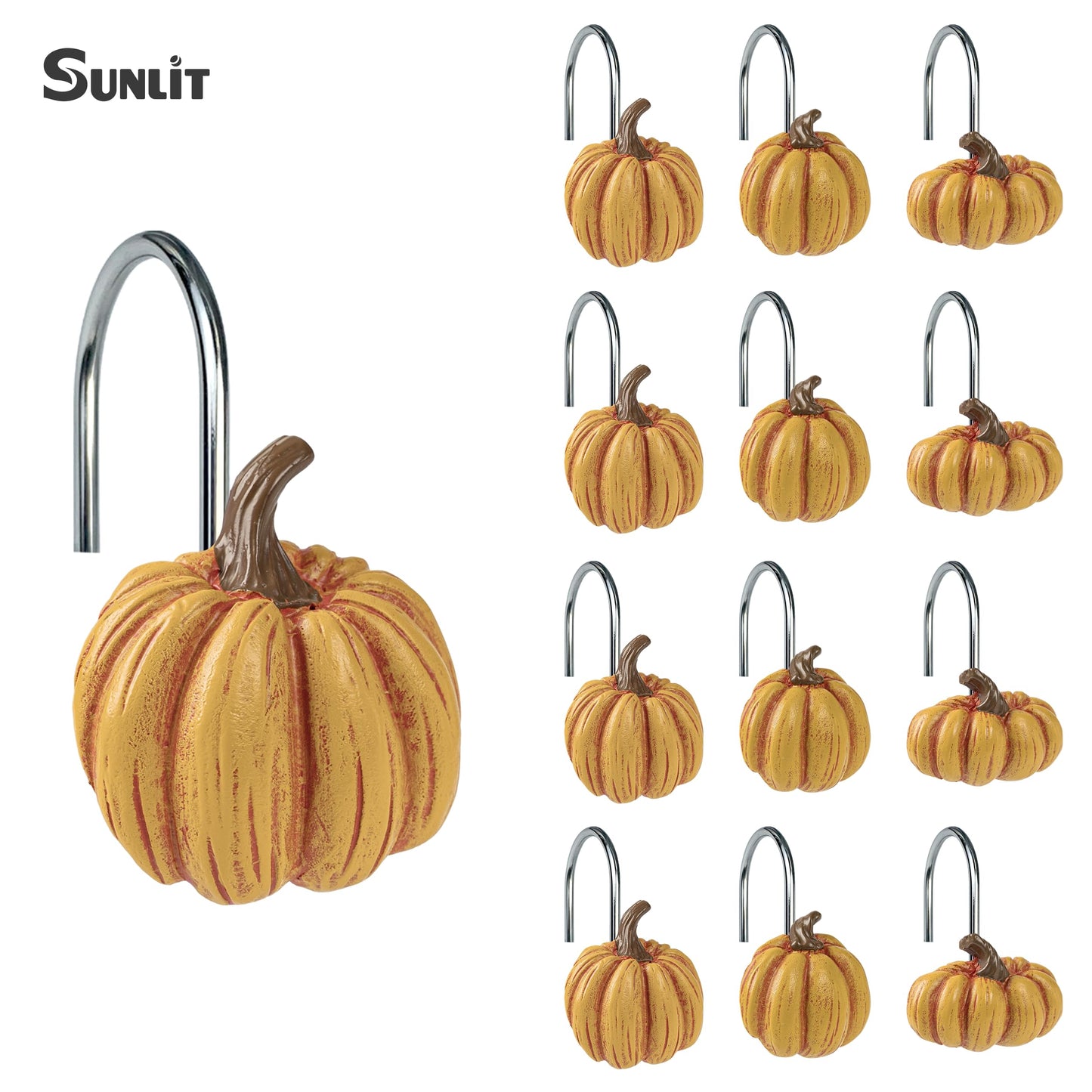Sunlit Fall Pumpkin Decorative Shower Curtain Hooks, Autumn Harvest Festival Shower Curtain Rings, Resin, Orange Farmhouse Bathroom Curtain Hangers Decoration, Set of 12