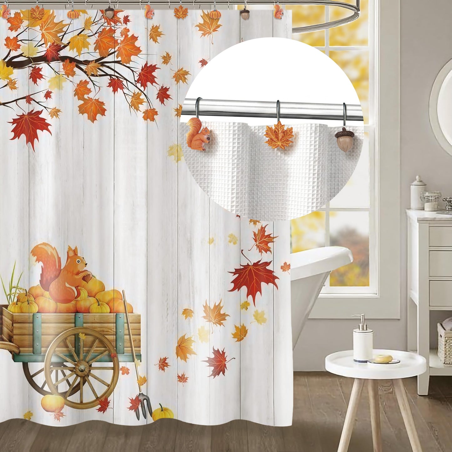Sunlit Maple Leaf Shower Curtain Hooks for Fall Autumn, Home Decorative Shower Curtain Rings for Bathroom, Resin, Orange Red Maple Leaves Shower Curtain Hangers Hooks Bath Accessories, Set of 12