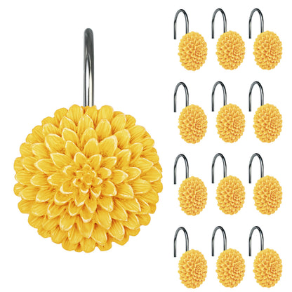 Sunlit Decorative Floral Shower Curtain Hooks, Turquoise Dahlia Pinnata Flower Shower Curtain Rings, Resin, Bathroom Decoration Blue Shower Curtain Hooks-12 Pack