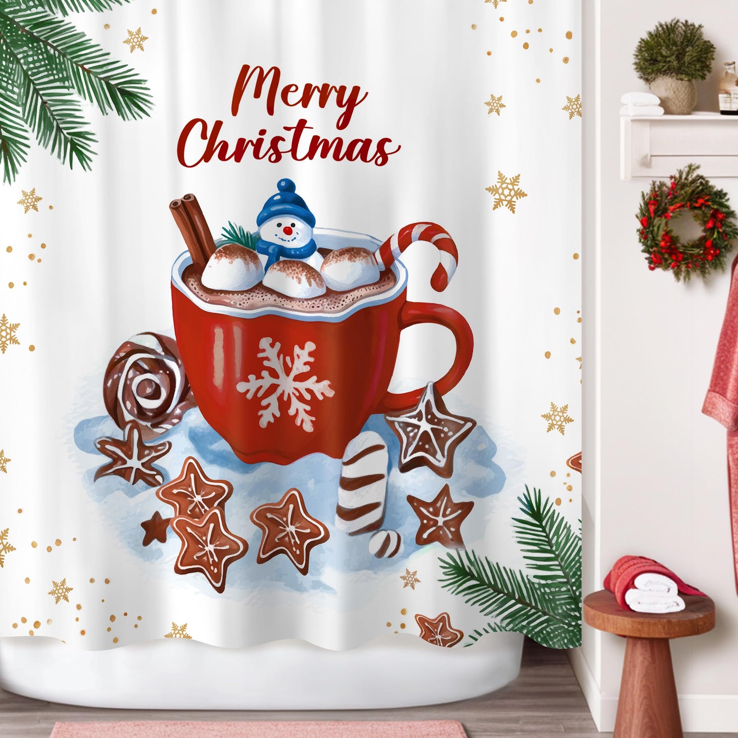 Sunlit Christmas Shower Curtain, Red Mug Hot Cocoa with Snowman Marshmallows and Gingerbread Cookies, Whimsical Holiday Scene Festive Bathroom Fabric Shower Curtain, Home Decor Tapestry, 72" x 72"