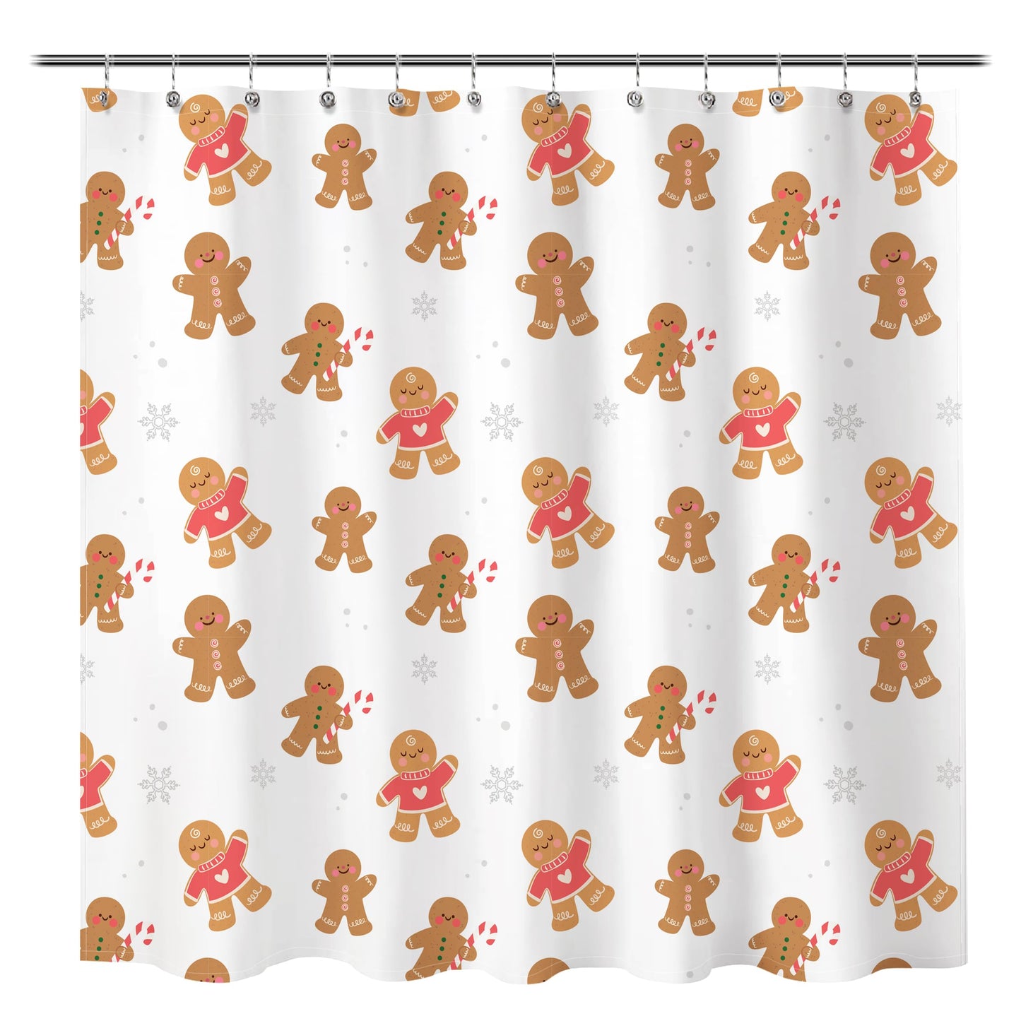 Sunlit Christmas Shower Curtain, Pink Holiday Gingerbread Men with Candy Canes and Snowflakes Cute Xmas Cookie Pattern, Festive Bathroom Fabric Shower Curtain, Home Decor Tapestry, 72" x 72"