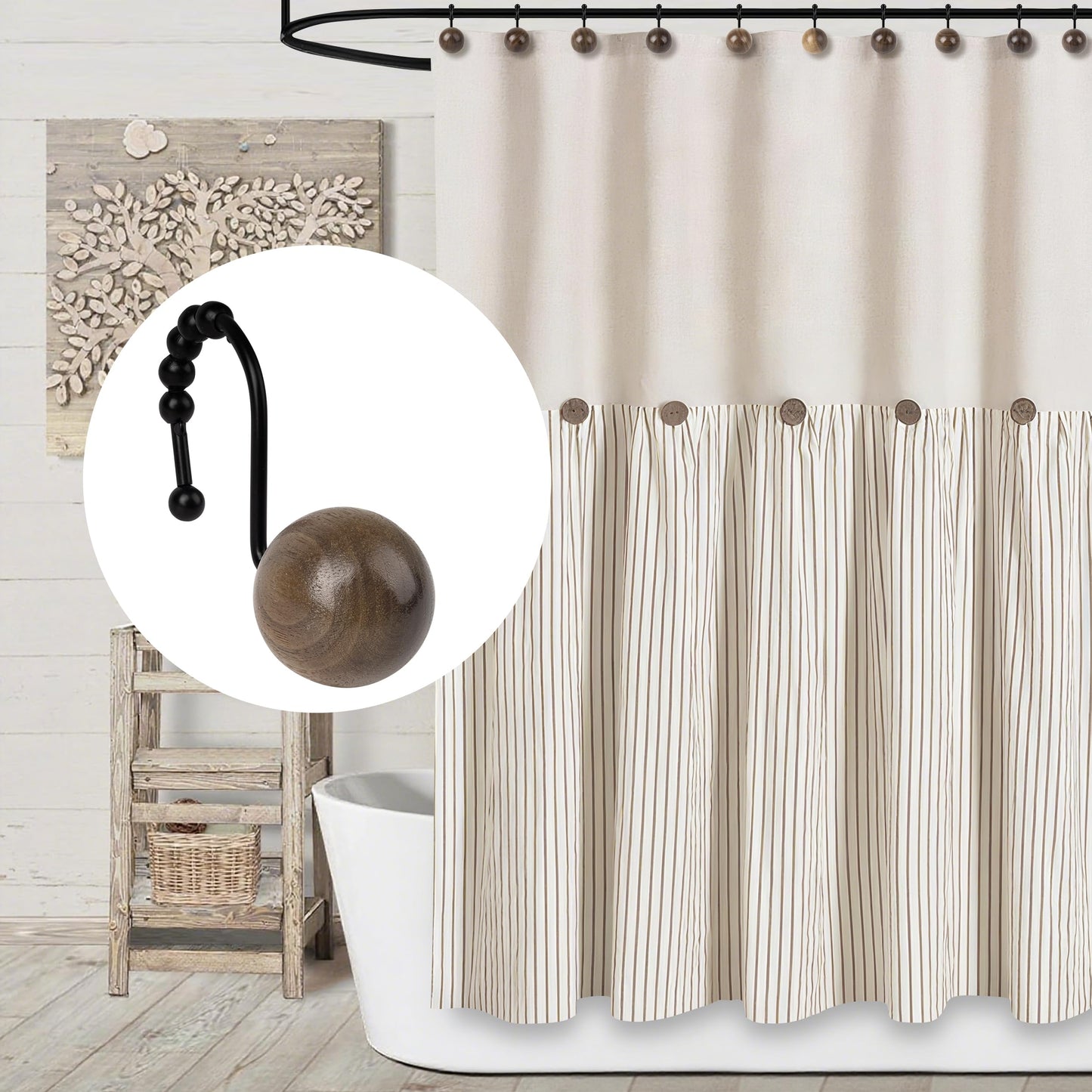 Sunlit Boho Wood Beads Decorative Shower Curtain Hooks, Shower Curtain Rings with Roller Balls, Farmhouse Bathroom Decoration Curtain Hangers Accessories, Set of 12, Walnut Wood