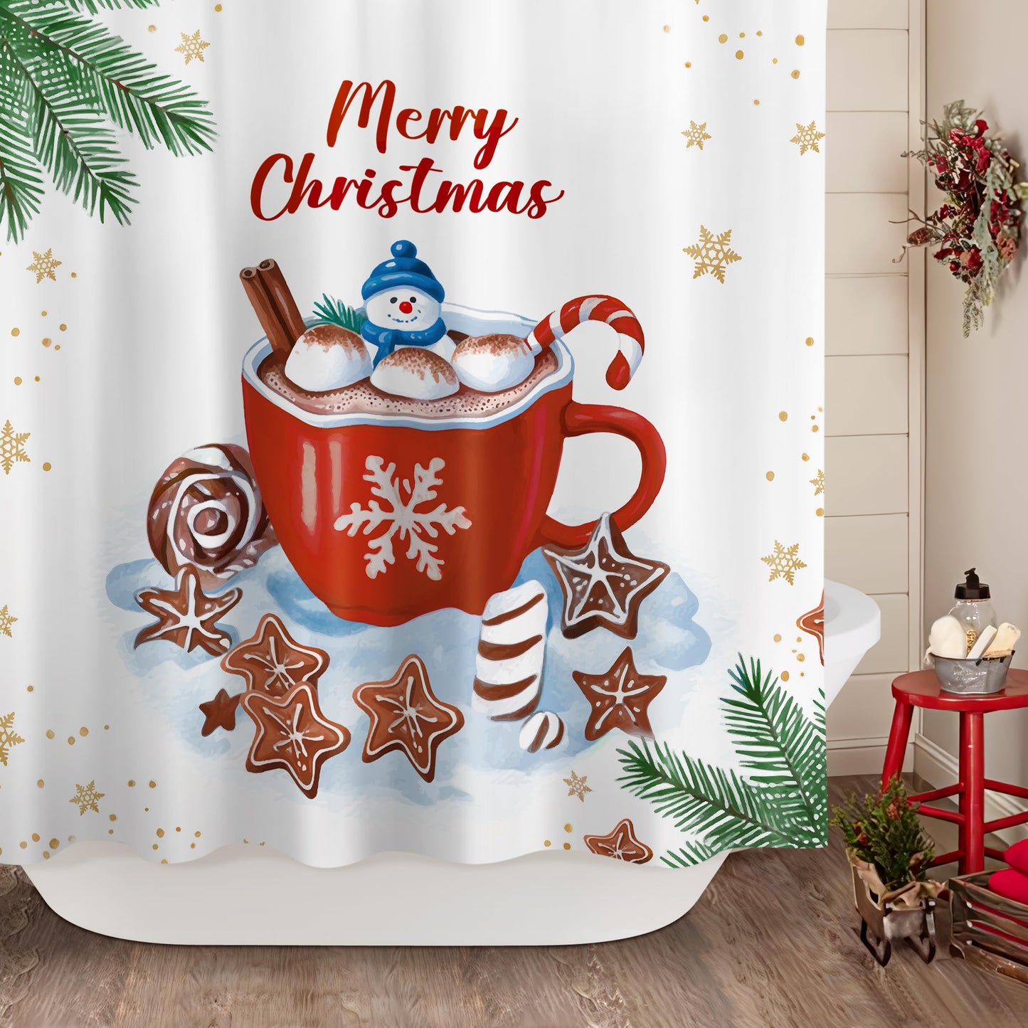 Sunlit Christmas Shower Curtain, Red Mug Hot Cocoa with Snowman Marshmallows and Gingerbread Cookies, Whimsical Holiday Scene Festive Bathroom Fabric Shower Curtain, Home Decor Tapestry, 72" x 72"