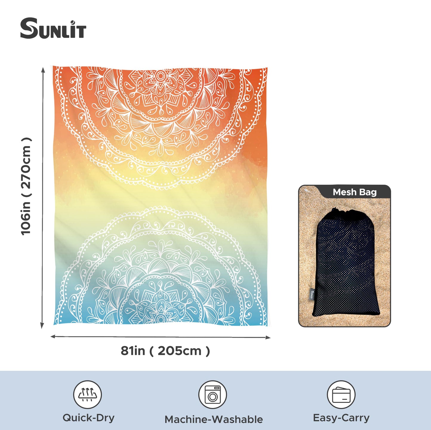 Sunlit Silky Soft Sand Proof Beach Blanket 106"x81" / 85"x72" Sand Proof Mat with Corner Pockets and Mesh Bag for Beach Party, Travel, Camping and Outdoor Music Festival, Mandala