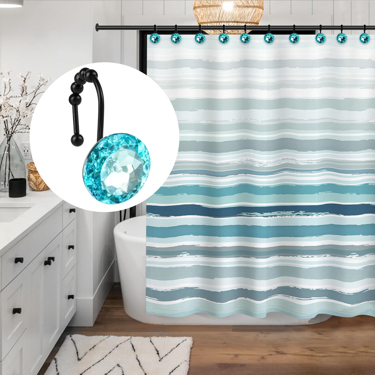 Sunlit Luxury Design Round Clear Diamond Crystal Gem Bling with Glide Balls Double Shower Curtain Hooks, Rust Proof Metal Rhinestones Glam Shower Curtain Rings-12 Pack