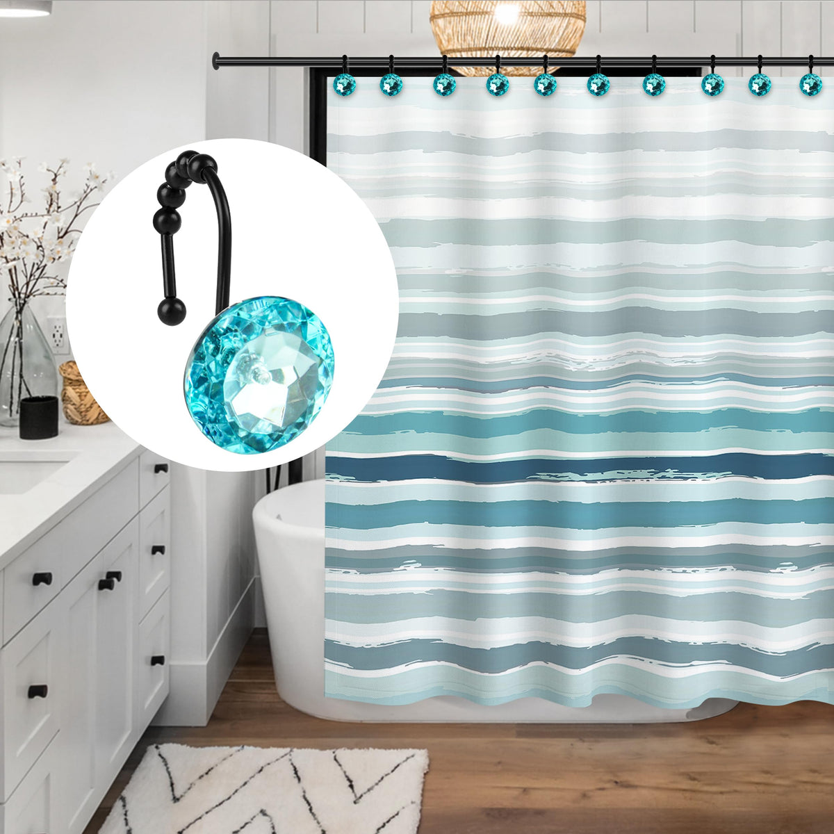 Sunlit Round Rhinestone Shower Curtain Hooks with Glide Balls, 12 Pack