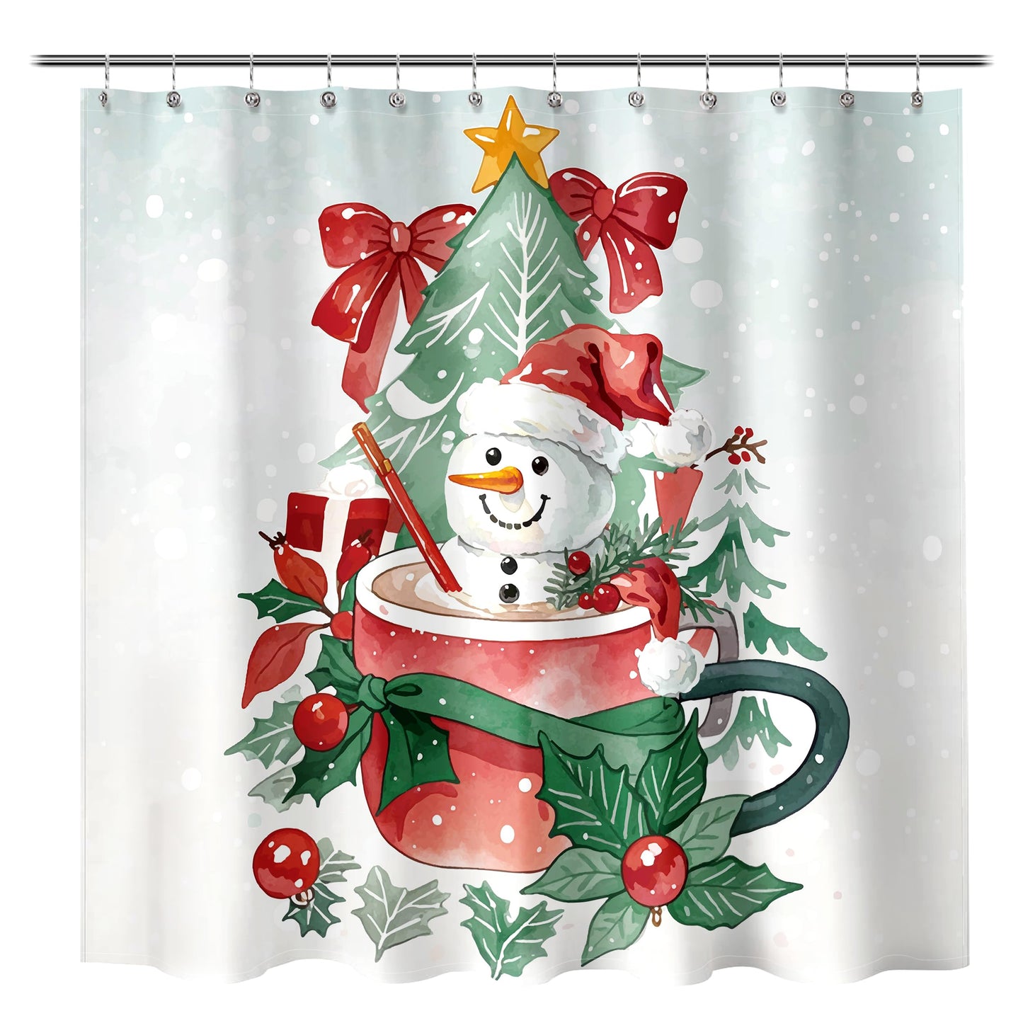 Sunlit Christmas Shower Curtain, Red Mug Hot Cocoa with Snowman Marshmallows and Gingerbread Cookies, Whimsical Holiday Scene Festive Bathroom Fabric Shower Curtain, Home Decor Tapestry, 72" x 72"