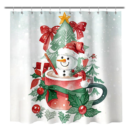 Sunlit Christmas Shower Curtain, Red Mug Hot Cocoa with Snowman Marshmallows and Gingerbread Cookies, Whimsical Holiday Scene Festive Bathroom Fabric Shower Curtain, Home Decor Tapestry, 72" x 72"