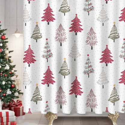 Sunlit Christmas Shower Curtain, Red and Gray Xmas Trees with Stars and Snow Pattern Shower Curtain for Bathroom Decor, 71x71 Inch