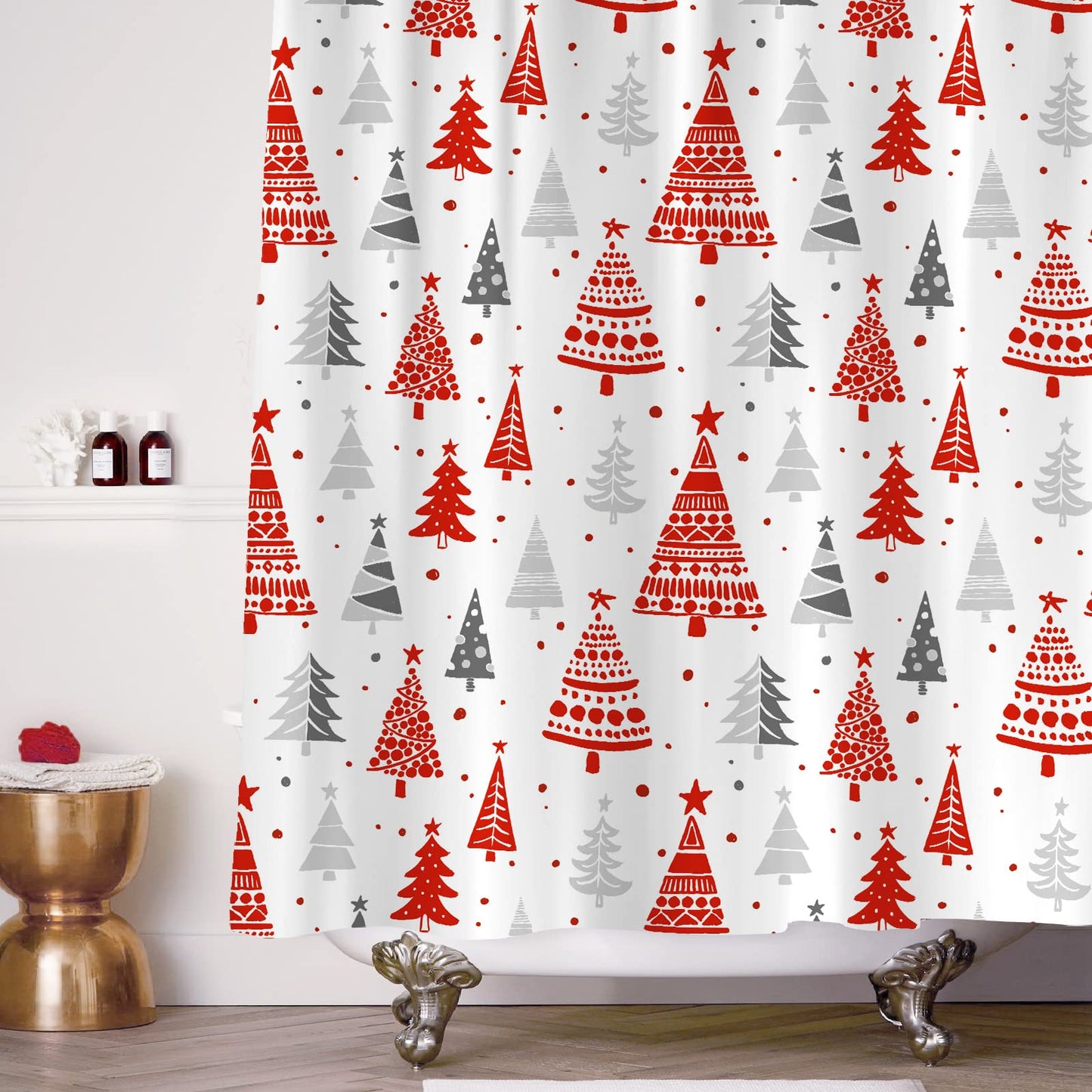 Sunlit Christmas Shower Curtain, Red and Gray Xmas Trees with Stars and Snow Pattern Shower Curtain for Bathroom Decor, 71x71 Inch