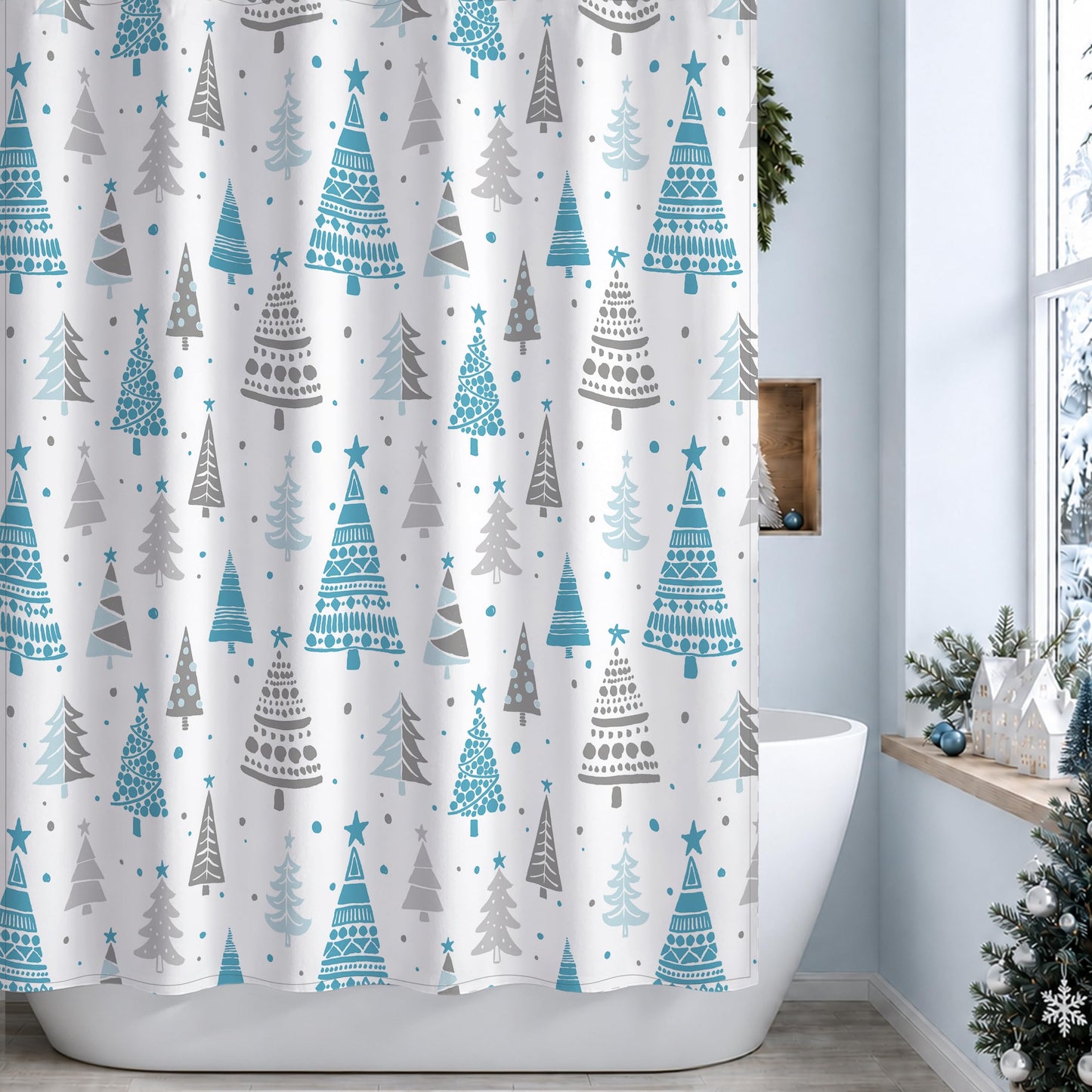 Sunlit Christmas Shower Curtain, Red and Gray Xmas Trees with Stars and Snow Pattern Shower Curtain for Bathroom Decor, 71x71 Inch