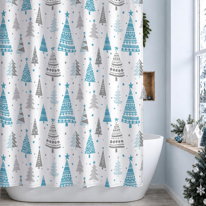 Sunlit Christmas Shower Curtain, Red and Gray Xmas Trees with Stars and Snow Pattern Shower Curtain for Bathroom Decor, 71x71 Inch