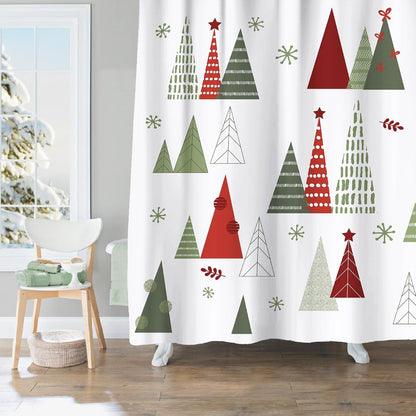 Sunlit Geometric Modern Design Christmas Shower Curtain Christmas Tree Bathroom Home Office Holiday Wall Decoration as Tapestry and Photo Booth Backdrop Red Green White Printed