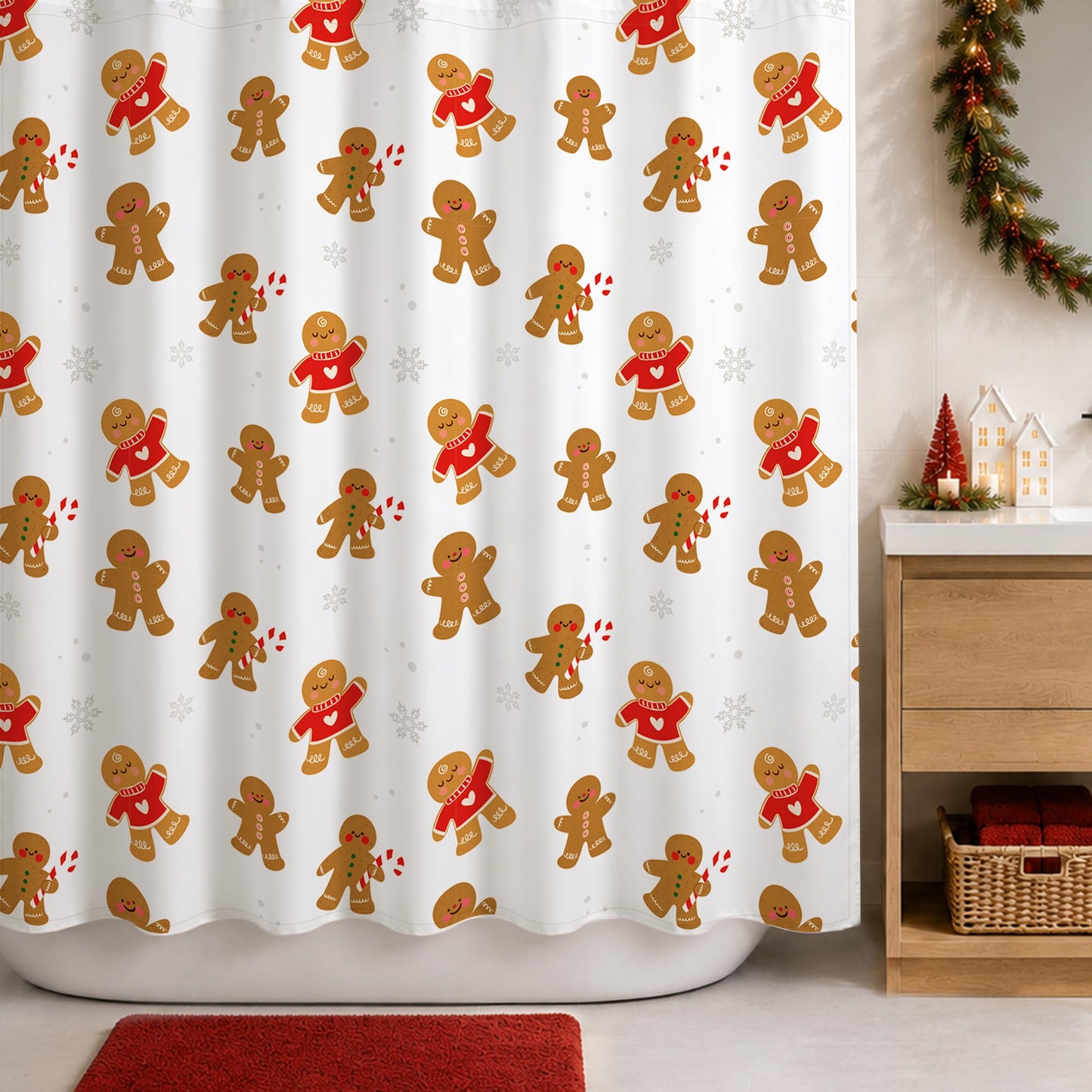 Sunlit Christmas Shower Curtain, Pink Holiday Gingerbread Men with Candy Canes and Snowflakes Cute Xmas Cookie Pattern, Festive Bathroom Fabric Shower Curtain, Home Decor Tapestry, 72" x 72"