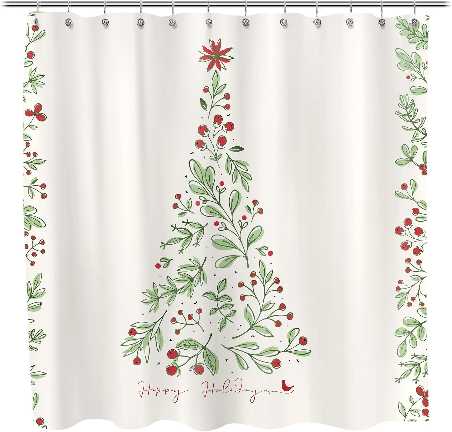 Sunlit Christmas Shower Curtain, Green Xmas Pine Tree with Red Star Ornament Holiday Floral Holly Berries Decorations Festive Bathroom Fabric Shower Curtain, Home Decor Tapestry, 72" x 72"