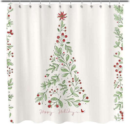 Sunlit Christmas Shower Curtain, Green Xmas Pine Tree with Red Star Ornament Holiday Floral Holly Berries Decorations Festive Bathroom Fabric Shower Curtain, Home Decor Tapestry, 72" x 72"