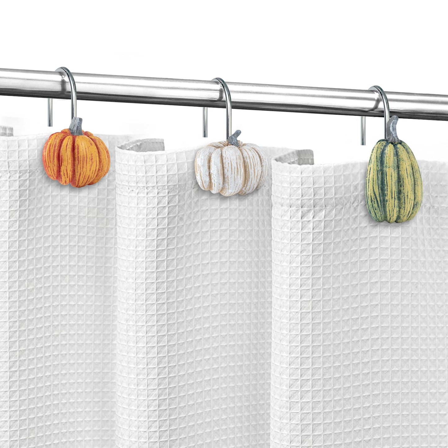 Sunlit Fall Pumpkin Decorative Shower Curtain Hooks, Autumn Harvest Festival Shower Curtain Rings, Resin, Orange Farmhouse Bathroom Curtain Hangers Decoration, Set of 12